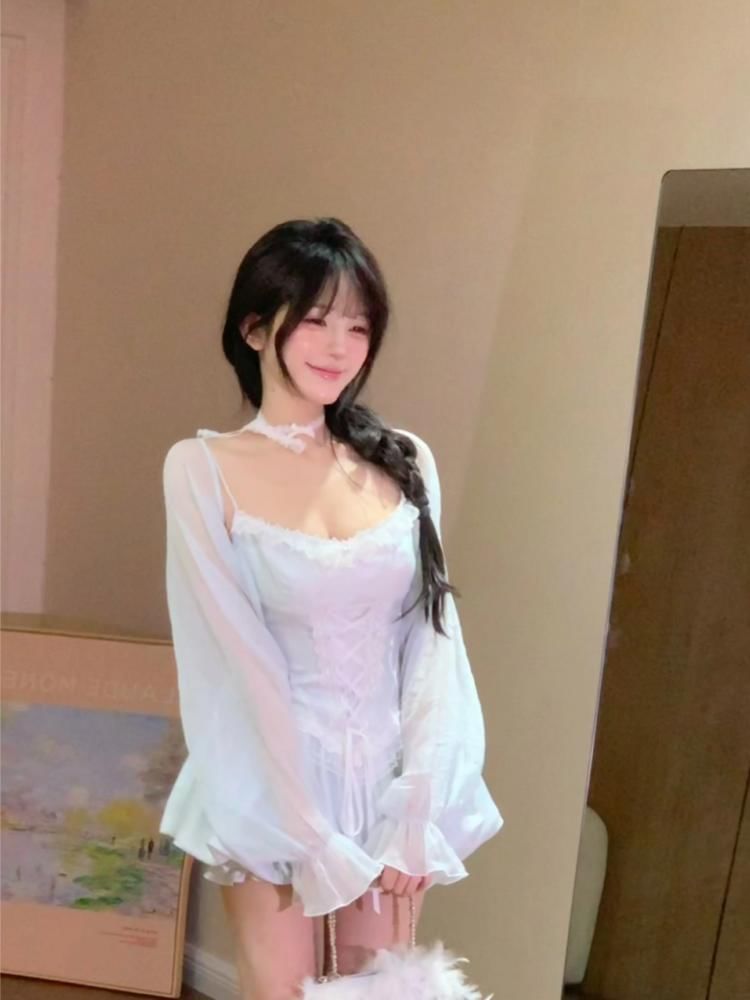 Spaghetti Strap Lace-Up Corset Plain Mini A-Line Dress / Long-Sleeve Shrug / Set