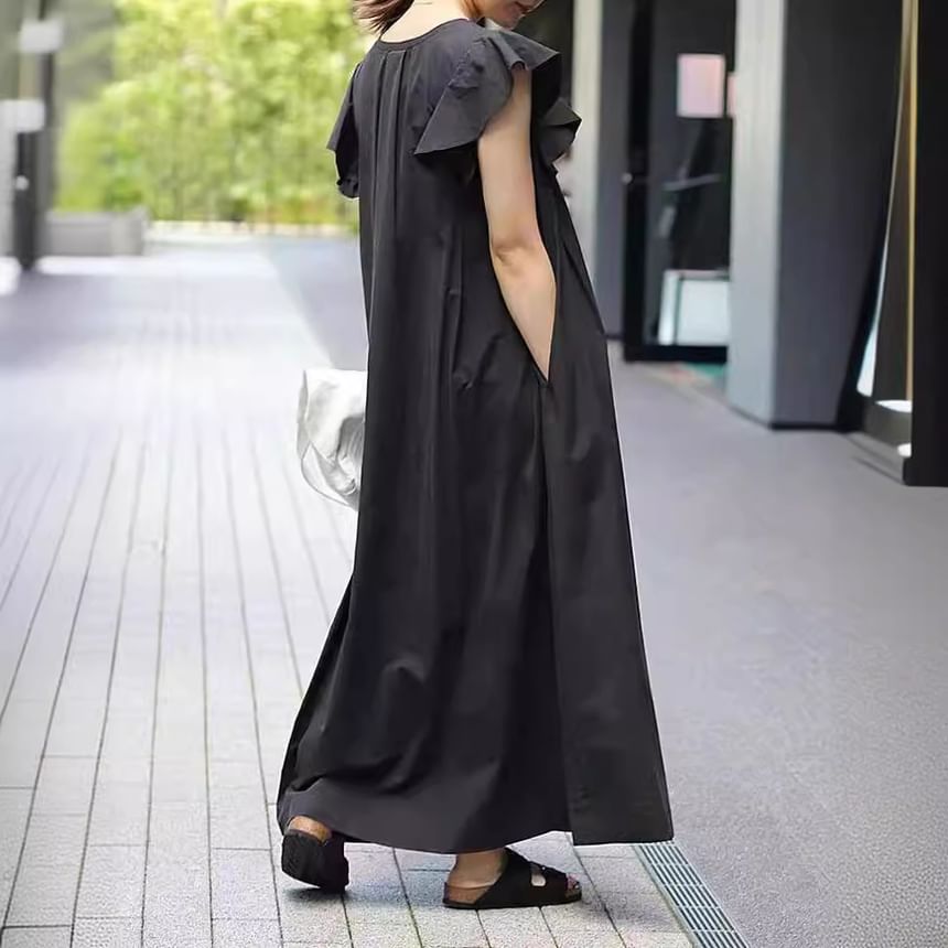 Sleeve Plain V-Neck Maxi A-Line Dress Flutter