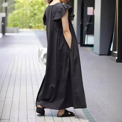Sleeve Plain V-Neck Maxi A-Line Dress Flutter