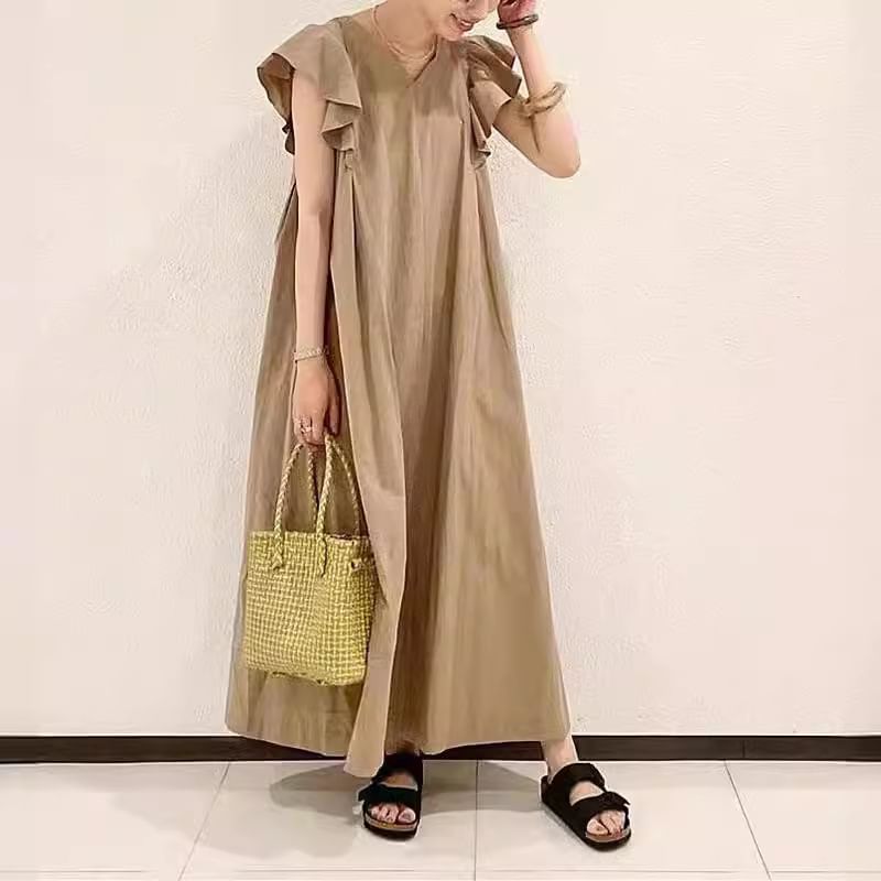 Sleeve Plain V-Neck Maxi A-Line Dress Flutter