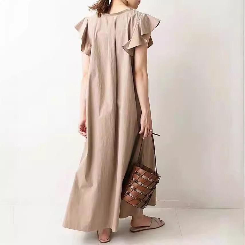Sleeve Plain V-Neck Maxi A-Line Dress Flutter