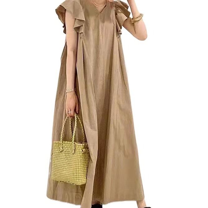 Sleeve Plain V-Neck Maxi A-Line Dress Flutter