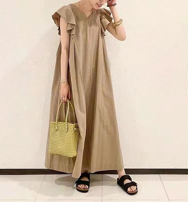 Sleeve Plain V-Neck Maxi A-Line Dress Flutter