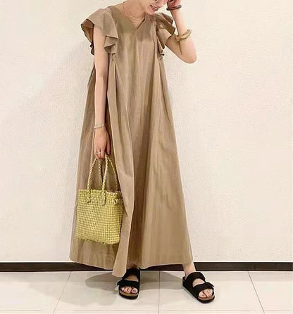 Sleeve Plain V-Neck Maxi A-Line Dress Flutter