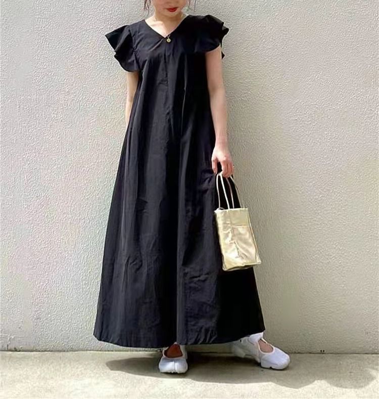 Sleeve Plain V-Neck Maxi A-Line Dress Flutter