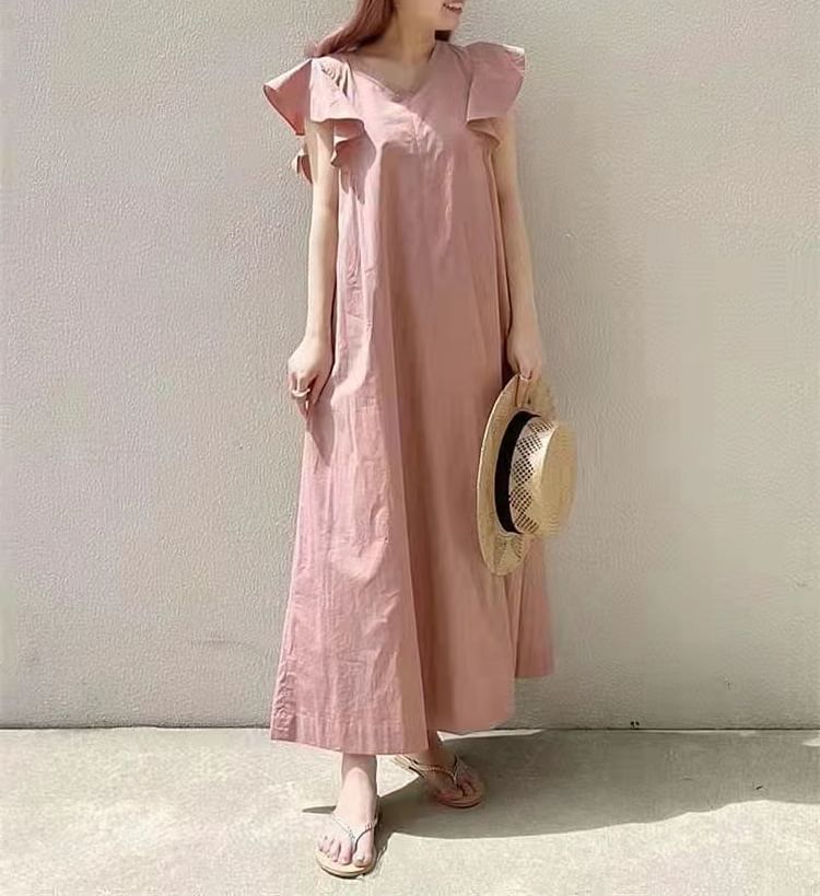 Sleeve Plain V-Neck Maxi A-Line Dress Flutter