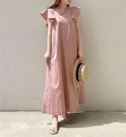 Sleeve Plain V-Neck Maxi A-Line Dress Flutter