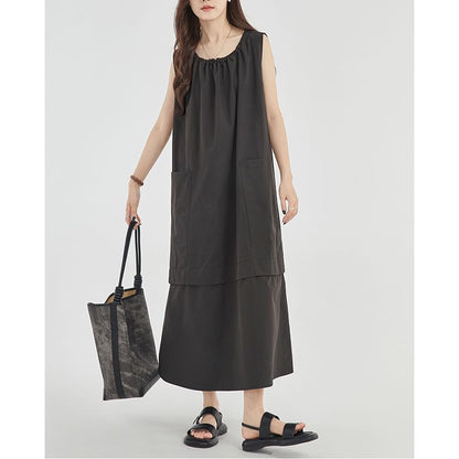 Sleeveless Round Neck Pocket A-Line Plain Panel Dress Maxi