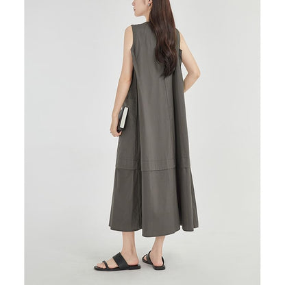 Sleeveless Round Neck Pocket A-Line Plain Panel Dress Maxi