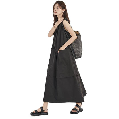 Sleeveless Round Neck Pocket A-Line Plain Panel Dress Maxi