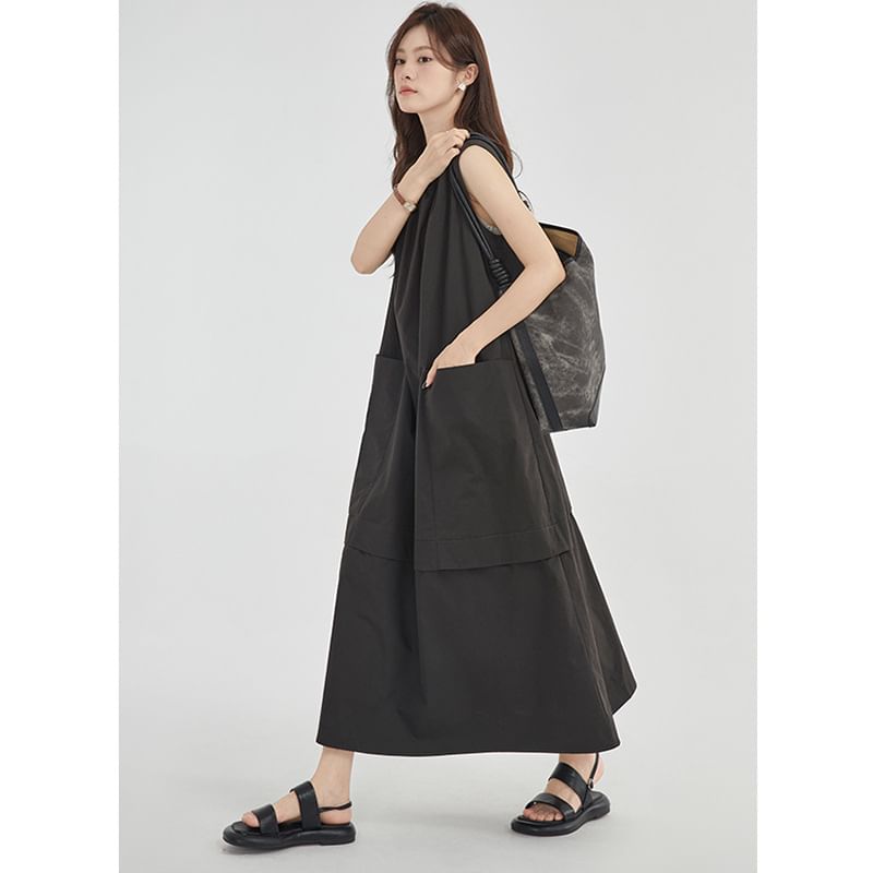 Sleeveless Round Neck Pocket A-Line Plain Panel Dress Maxi