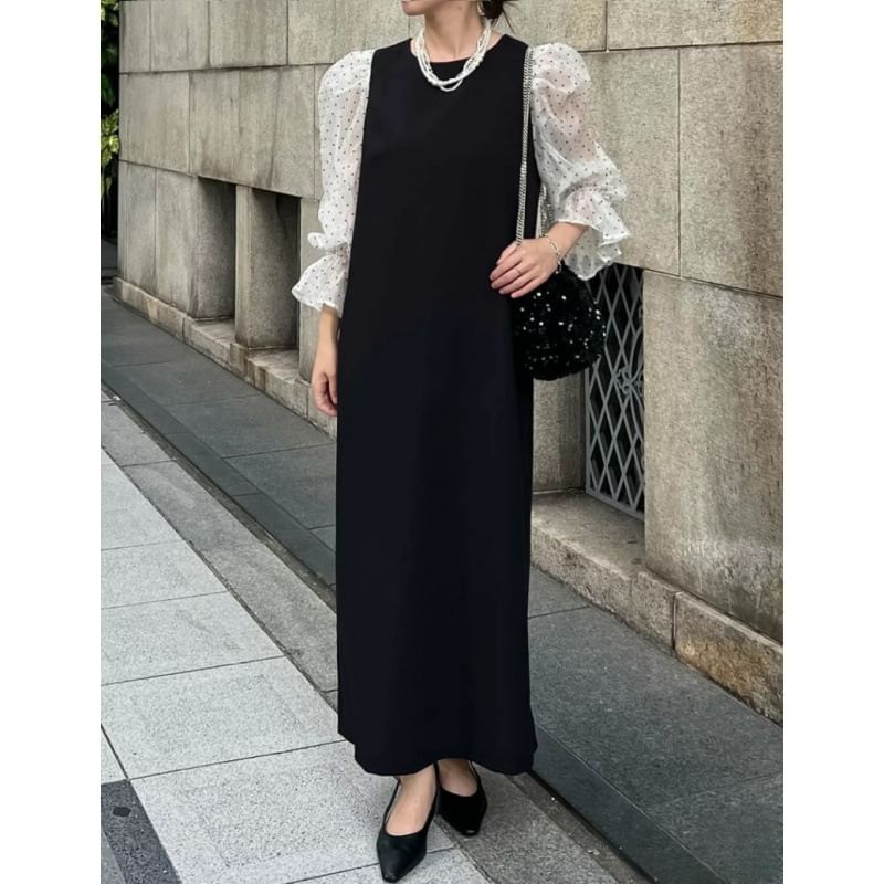 Maxi Round A-Line Panel Dotted Puff Sleeve Mesh Neck Dress