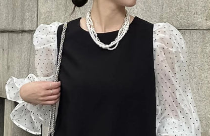 Maxi Round A-Line Panel Dotted Puff Sleeve Mesh Neck Dress