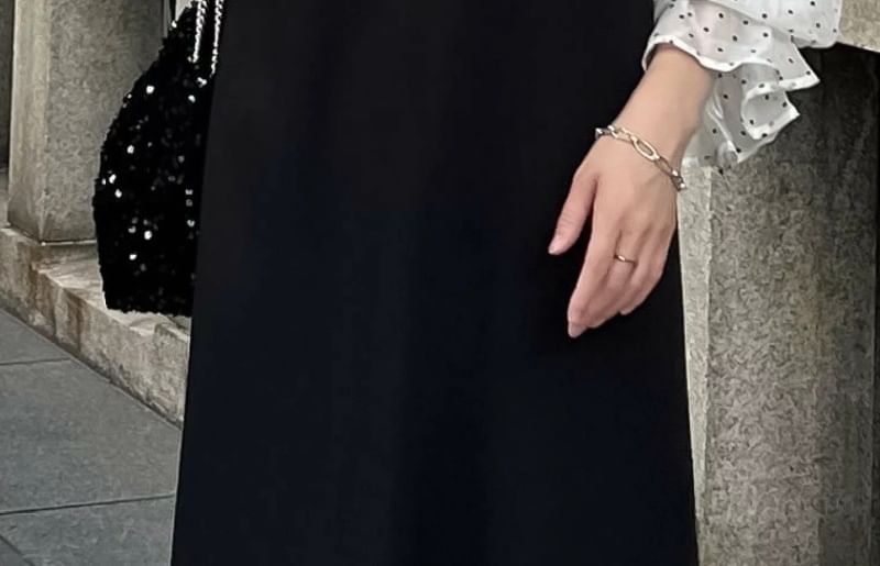 Maxi Round A-Line Panel Dotted Puff Sleeve Mesh Neck Dress