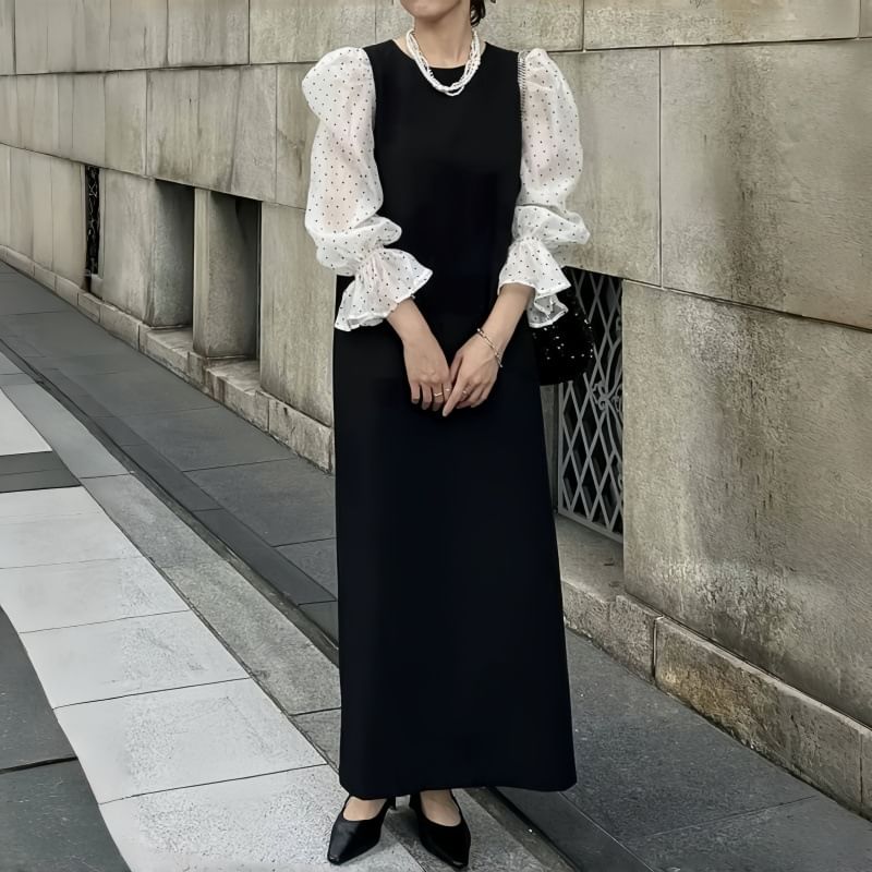 Maxi Round A-Line Panel Dotted Puff Sleeve Mesh Neck Dress