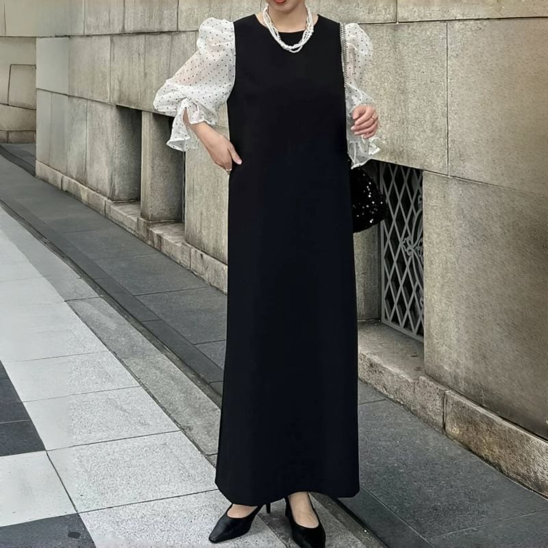 Maxi Round A-Line Panel Dotted Puff Sleeve Mesh Neck Dress