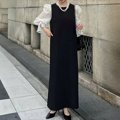 Maxi Round A-Line Panel Dotted Puff Sleeve Mesh Neck Dress