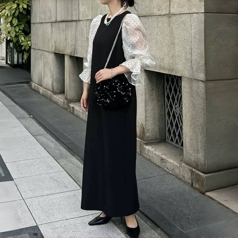 Maxi Round A-Line Panel Dotted Puff Sleeve Mesh Neck Dress