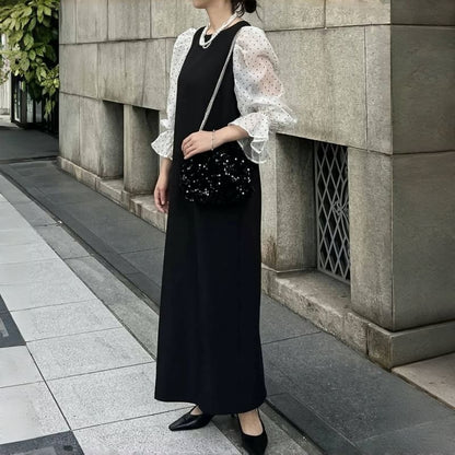 Maxi Round A-Line Panel Dotted Puff Sleeve Mesh Neck Dress