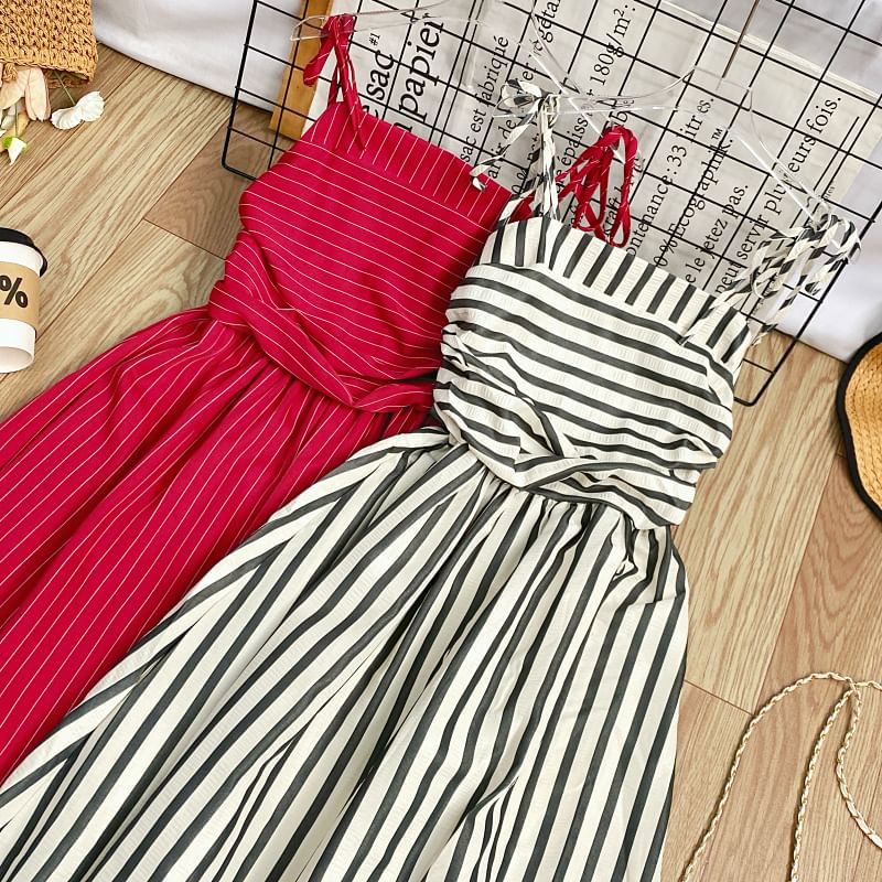 Striped Sleeveless Maxi A-Line Dress