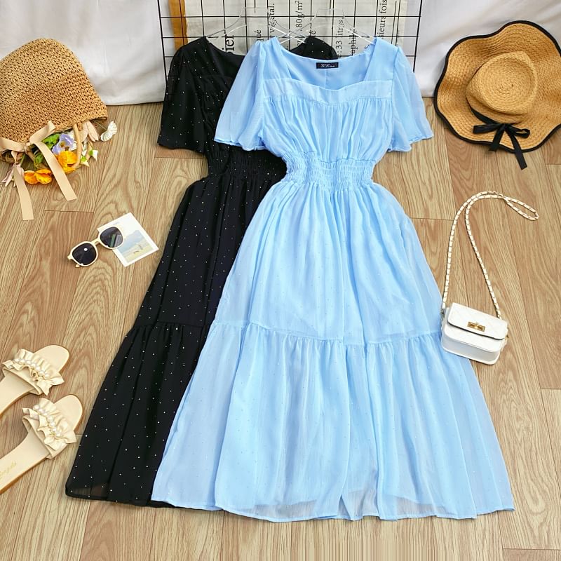 A-Line Short-Sleeve Maxi Neck Plain Square Dress
