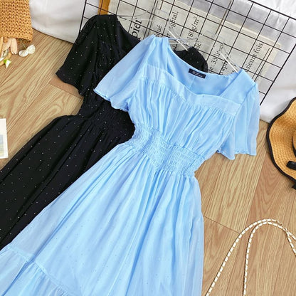 A-Line Short-Sleeve Maxi Neck Plain Square Dress