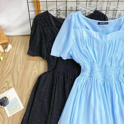A-Line Short-Sleeve Maxi Neck Plain Square Dress
