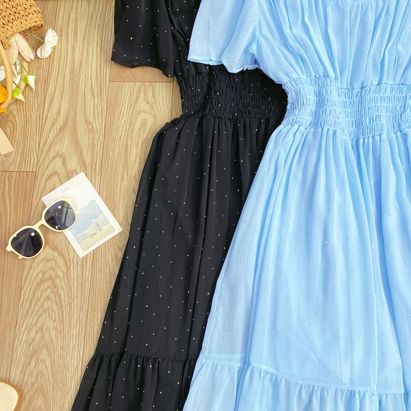 A-Line Short-Sleeve Maxi Neck Plain Square Dress