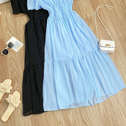 A-Line Short-Sleeve Maxi Neck Plain Square Dress