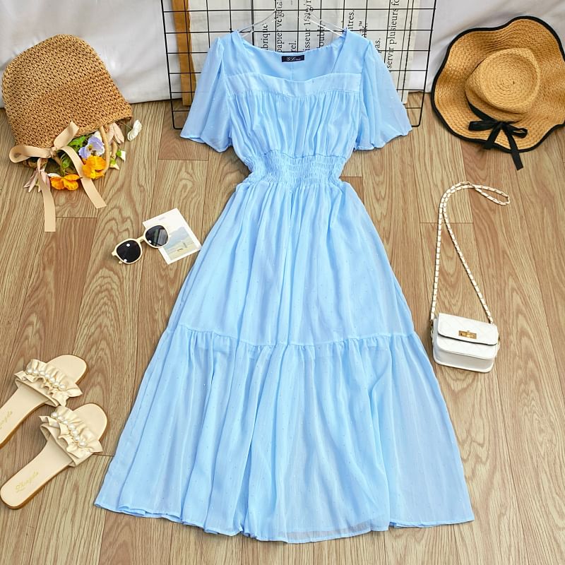 A-Line Short-Sleeve Maxi Neck Plain Square Dress