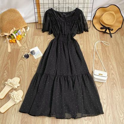 A-Line Short-Sleeve Maxi Neck Plain Square Dress
