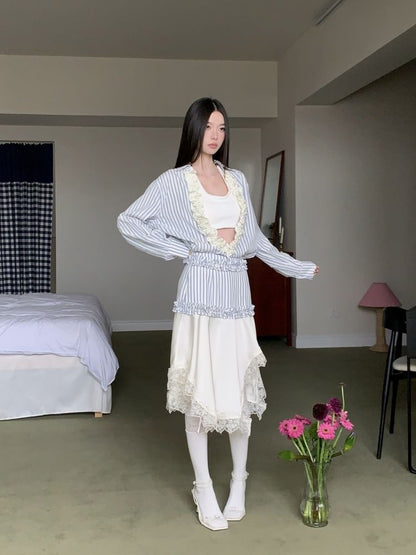 Striped Ruffle Blouse, Crop Top & Lace Midi Skirt
