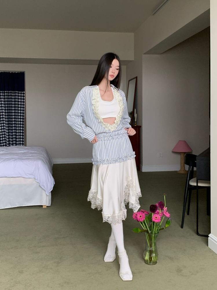 Striped Ruffle Blouse, Crop Top & Lace Midi Skirt