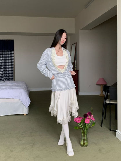 Striped Ruffle Blouse, Crop Top & Lace Midi Skirt
