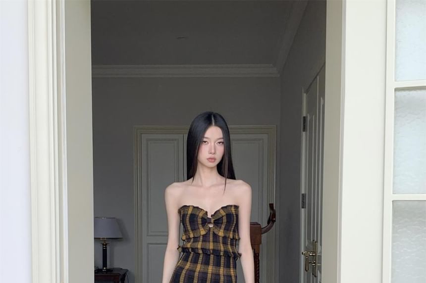 Ruffle Plaid Strapless Dress A-Line Maxi Trim Slit