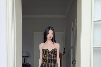 Ruffle Plaid Strapless Dress A-Line Maxi Trim Slit