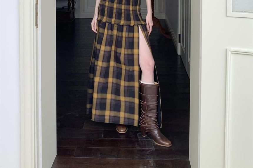 Ruffle Plaid Strapless Dress A-Line Maxi Trim Slit