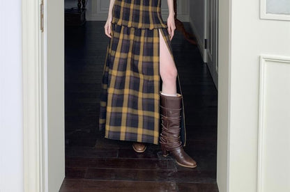 Ruffle Plaid Strapless Dress A-Line Maxi Trim Slit