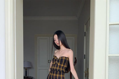Ruffle Plaid Strapless Dress A-Line Maxi Trim Slit