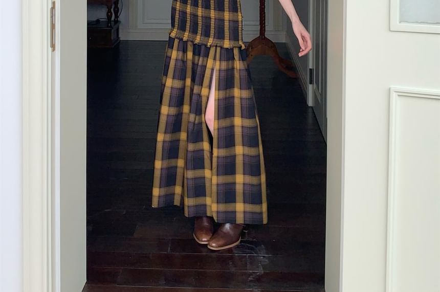 Ruffle Plaid Strapless Dress A-Line Maxi Trim Slit