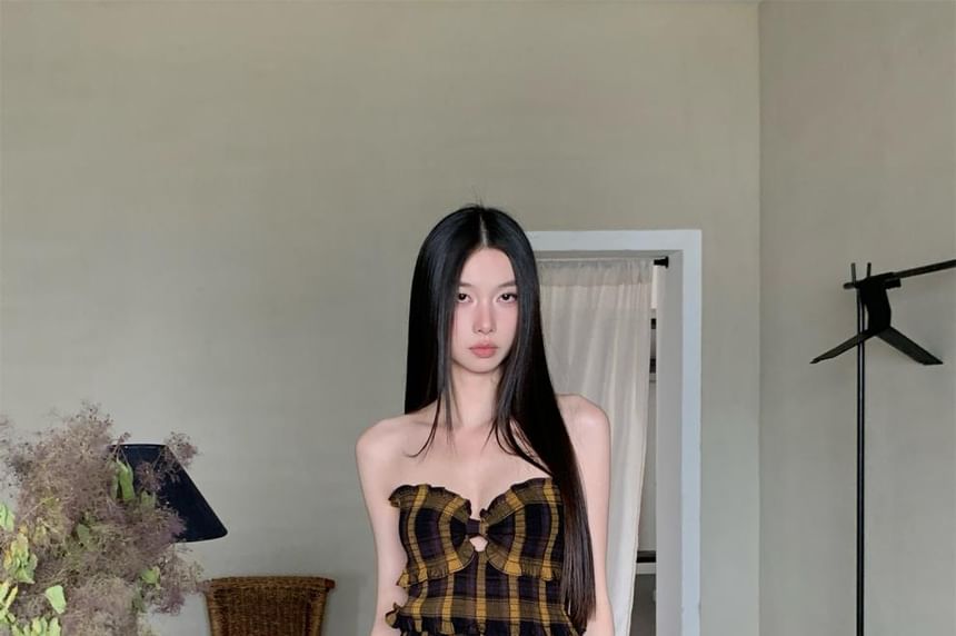 Ruffle Plaid Strapless Dress A-Line Maxi Trim Slit