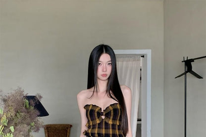 Ruffle Plaid Strapless Dress A-Line Maxi Trim Slit
