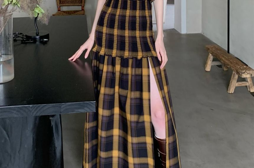 Ruffle Plaid Strapless Dress A-Line Maxi Trim Slit