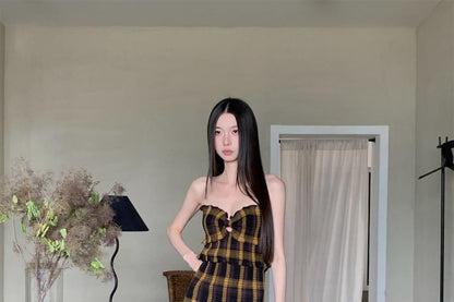 Ruffle Plaid Strapless Dress A-Line Maxi Trim Slit