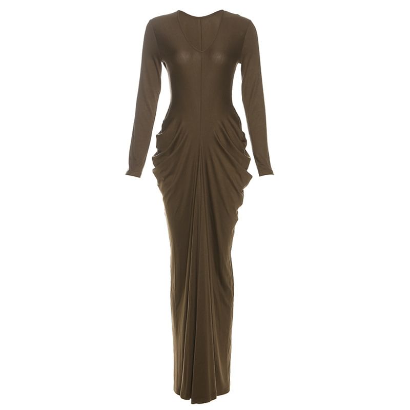 Sleeve V-Neck Bodycon Dress Ruched Long Maxi Plain