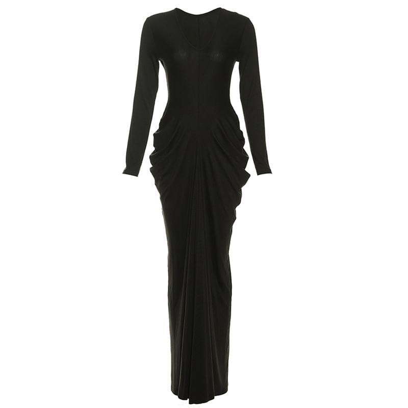 Sleeve V-Neck Bodycon Dress Ruched Long Maxi Plain