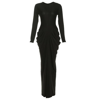 Sleeve V-Neck Bodycon Dress Ruched Long Maxi Plain