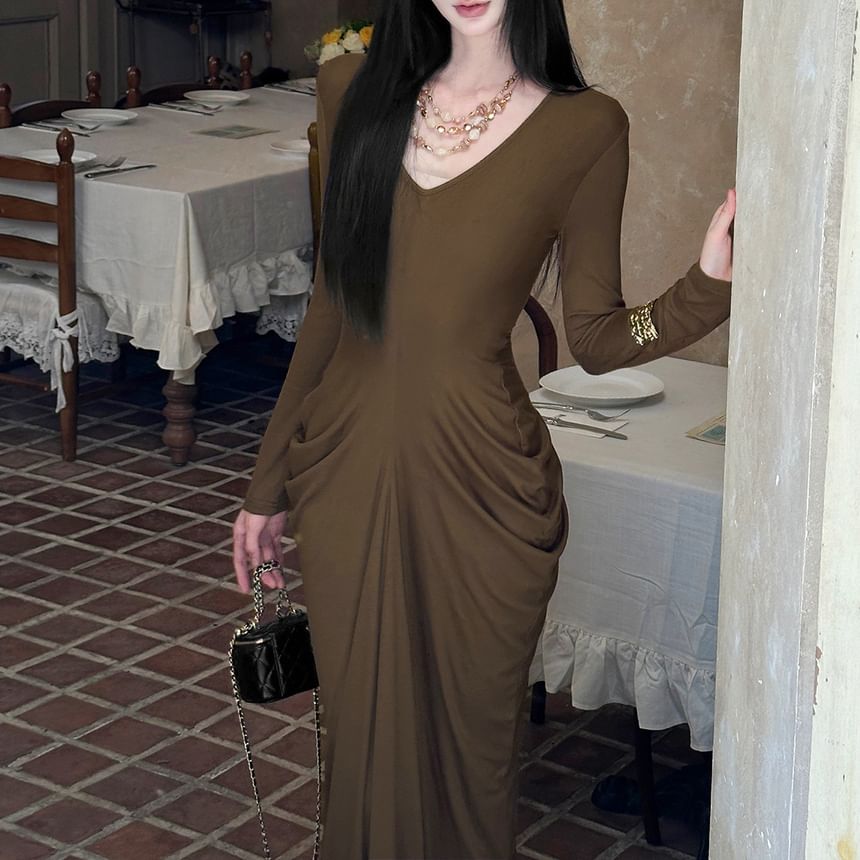 Sleeve V-Neck Bodycon Dress Ruched Long Maxi Plain