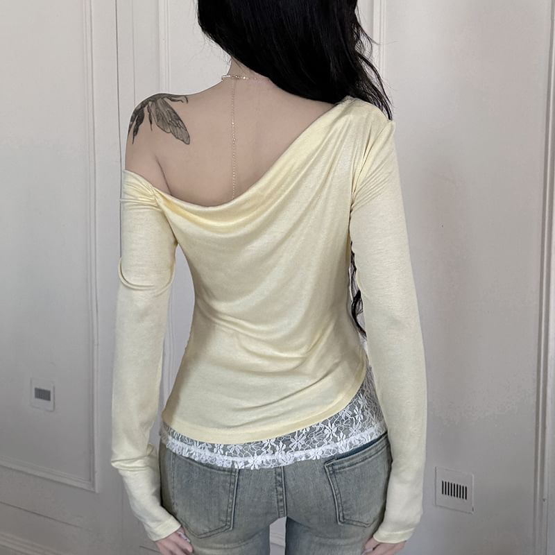 Off Shoulder Beaded Lace Panel Slim-Fit Top