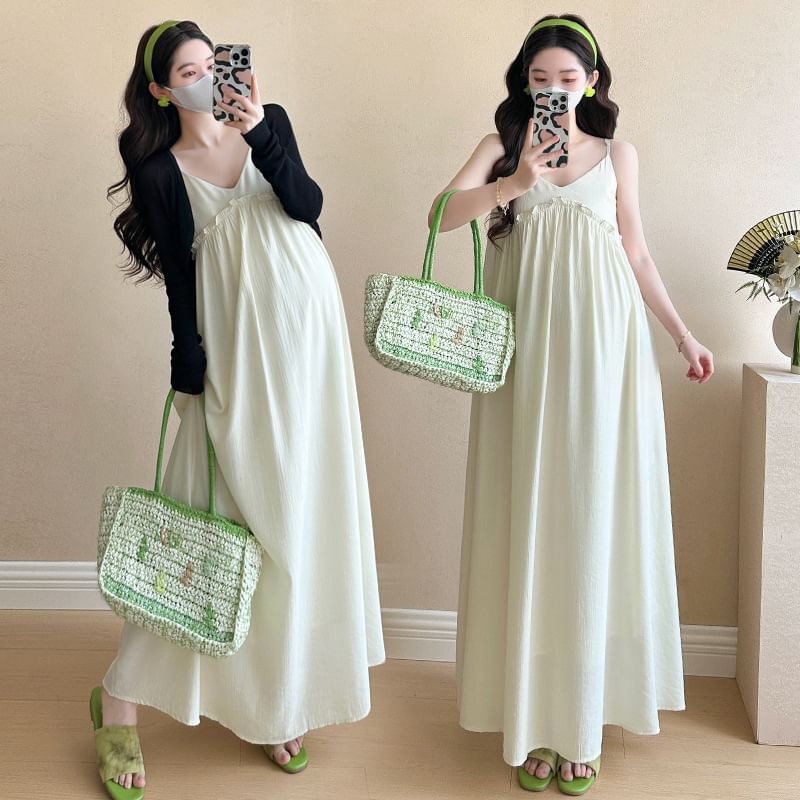 Spaghetti Strap Plain Ruffled Midi A-Line Dress / Shrug / Maternity Set
